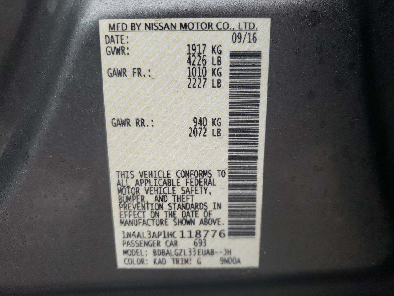 Photo 10 from auction – 2017 NISSAN ALTIMA 2.5 with VIN 1N4AL3AP1HC118776