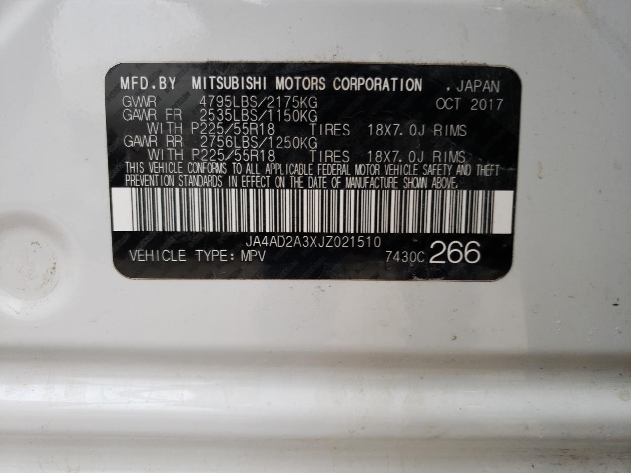 Photo 10 from auction – 2018 MITSUBISHI OUTLANDER with VIN JA4AD2A3XJZ021510
