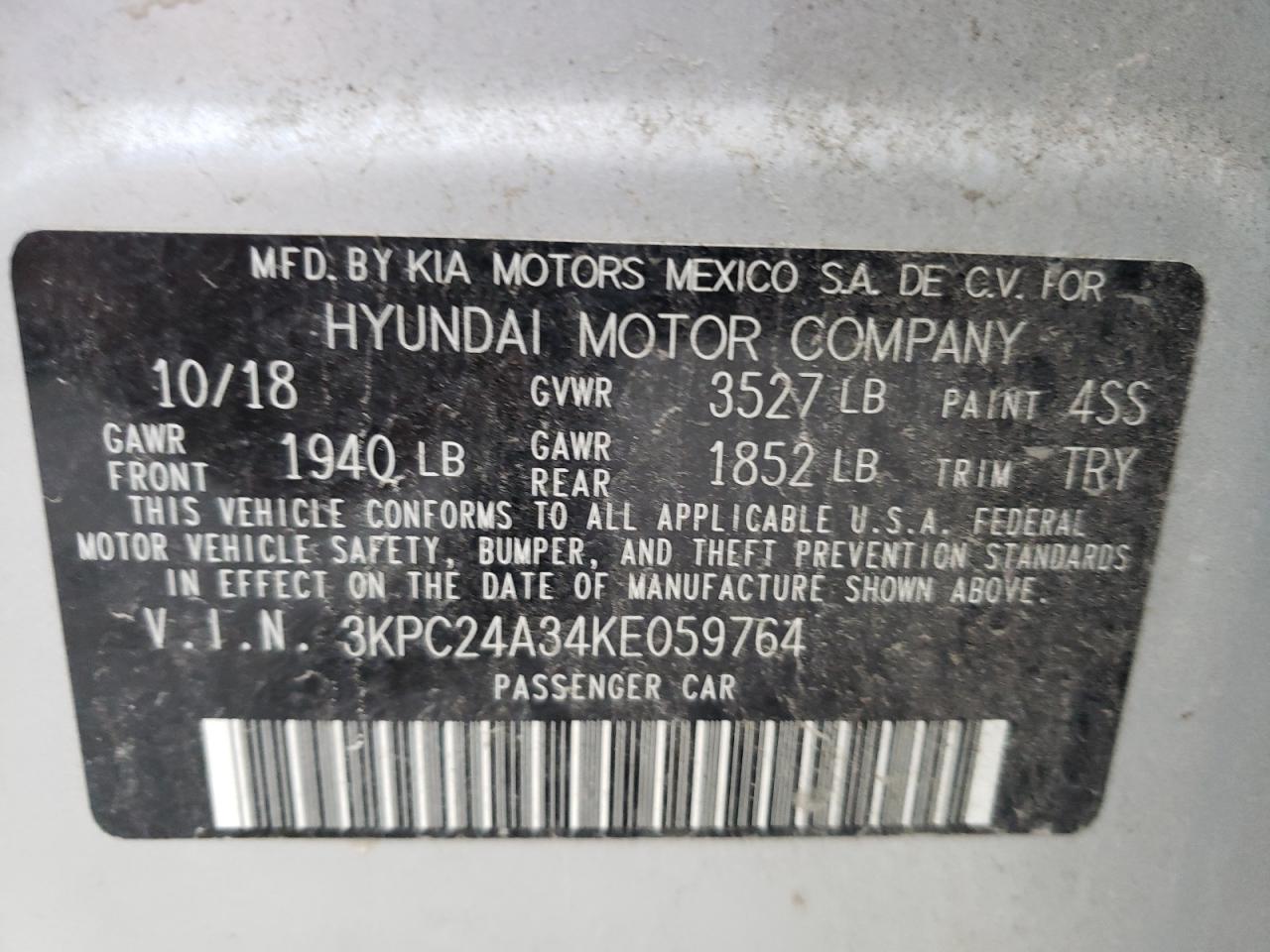 Photo 10 from auction – 2019 HYUNDAI ACCENT SE with VIN 3KPC24A34KE059764