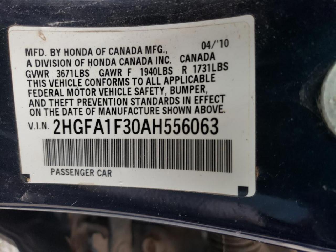 Photo 10 from auction – 2010 HONDA CIVIC VP with VIN 2HGFA1F30AH556063
