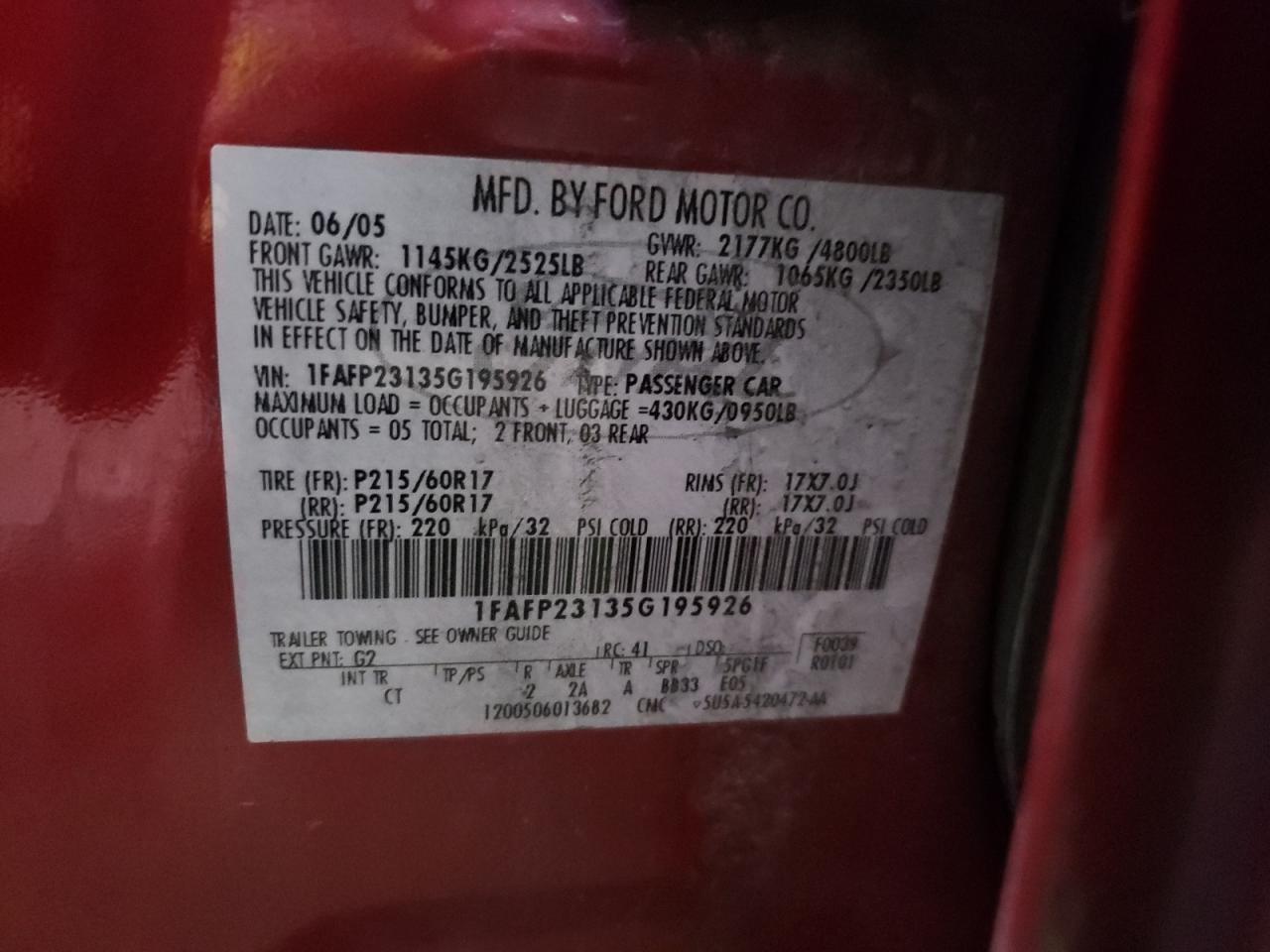 Photo 10 from auction – 2005 FORD FIVE HUNDR with VIN 1FAFP23135G195926