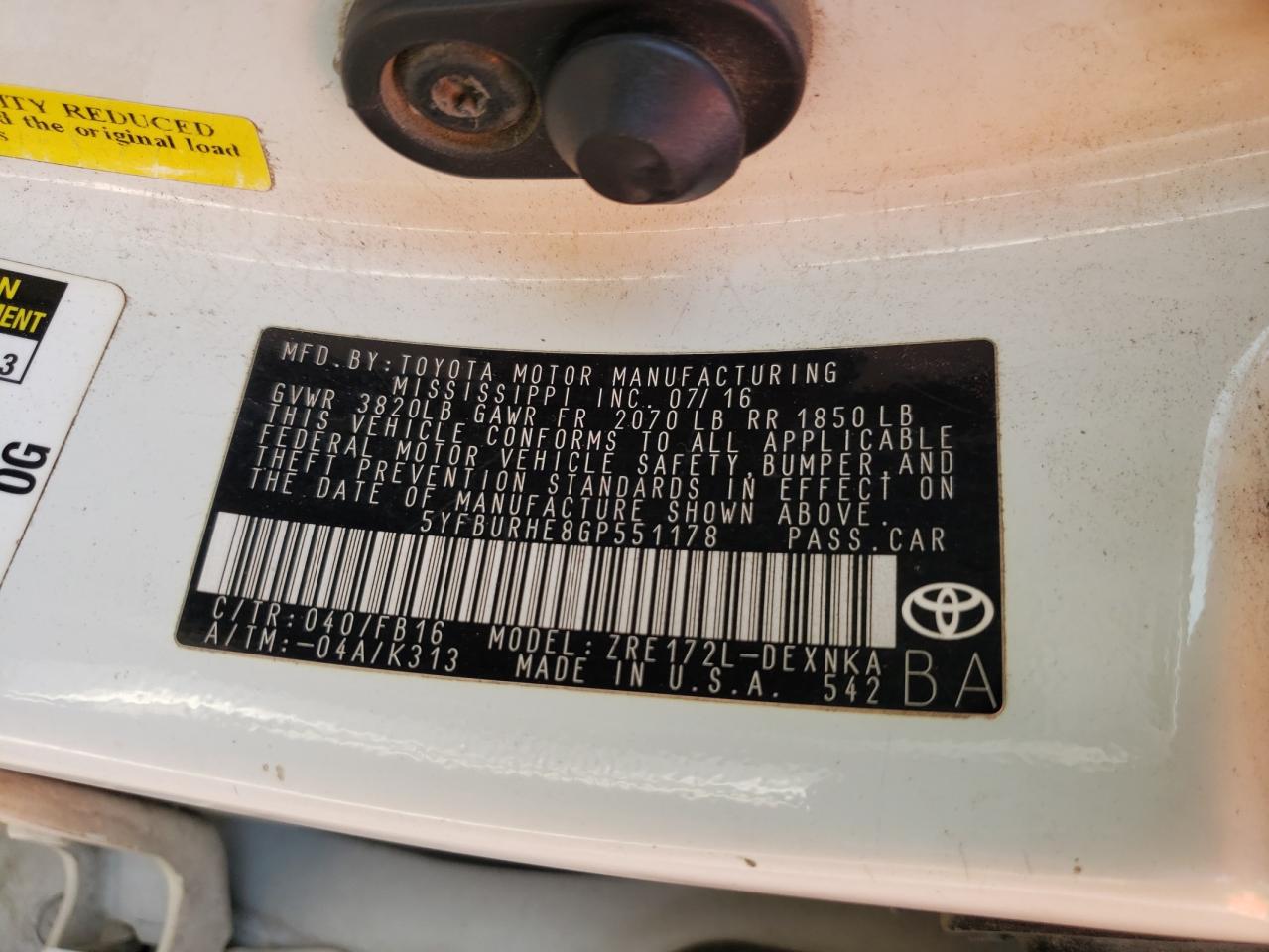 Photo 10 from auction – 2016 TOYOTA COROLLA L with VIN 5YFBURHE8GP551178
