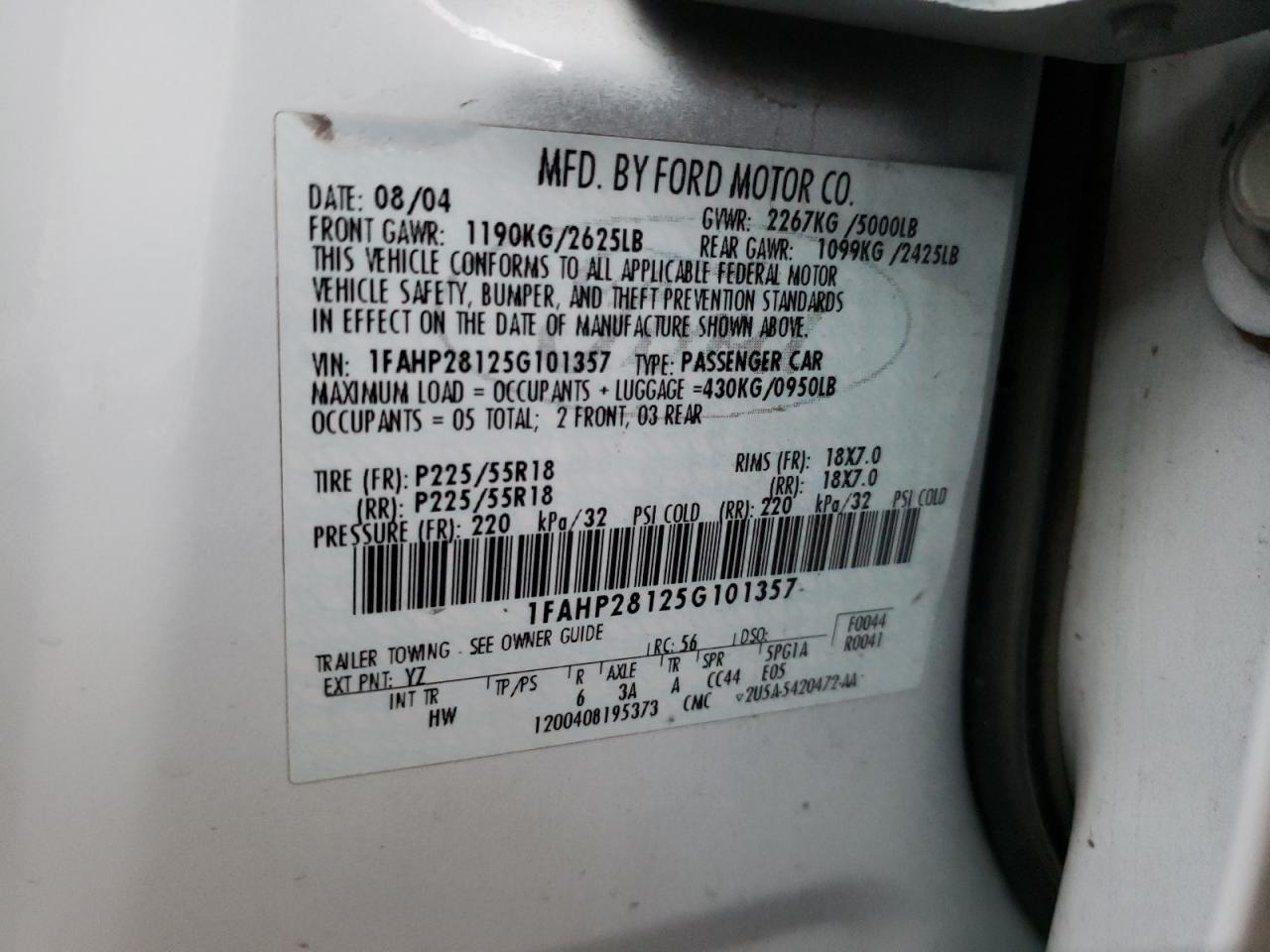 Photo 10 from auction – 2005 FORD FIVE HUNDR with VIN 1FAHP28125G101357