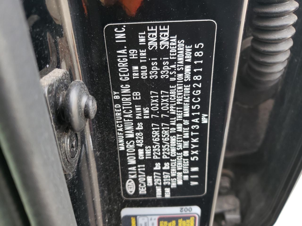 Photo 10 from auction – 2012 KIA SORENTO BA with VIN 5XYKT3A15CG281185