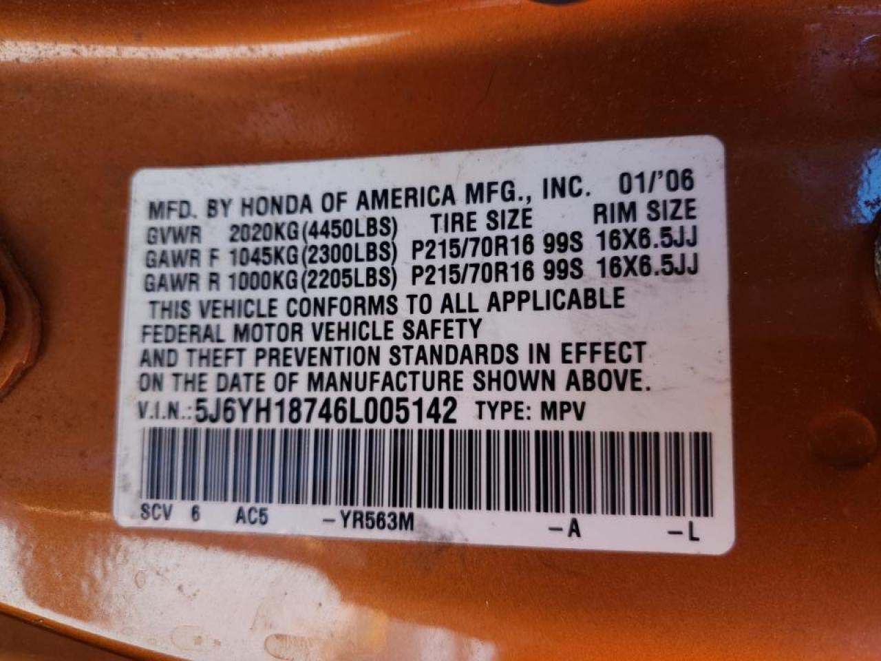 Photo 10 from auction – 2006 HONDA ELEMENT EX with VIN 5J6YH18746L005142