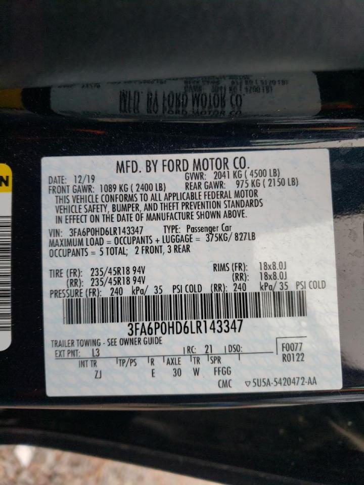 Photo 10 from auction – 2020 FORD FUSION SE with VIN 3FA6P0HD6LR143347