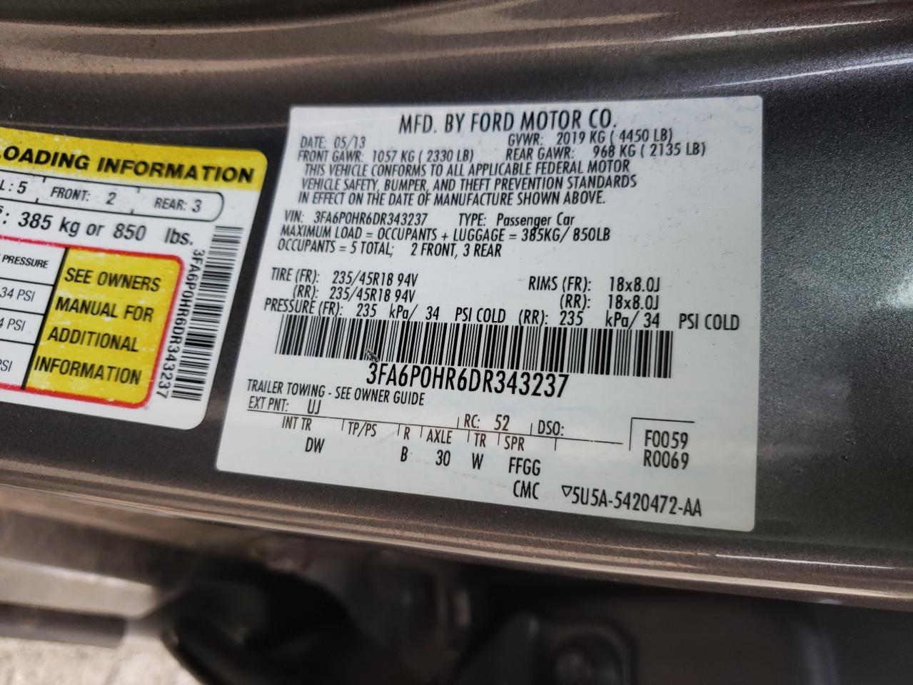 Photo 10 from auction – 2013 FORD FUSION SE with VIN 3FA6P0HR6DR343237