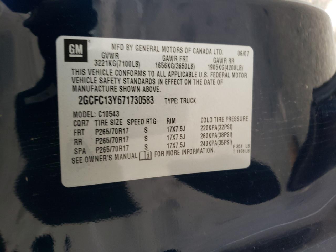 Photo 10 from auction – 2007 CHEVROLET SILVERADO with VIN 2GCFC13Y671730583