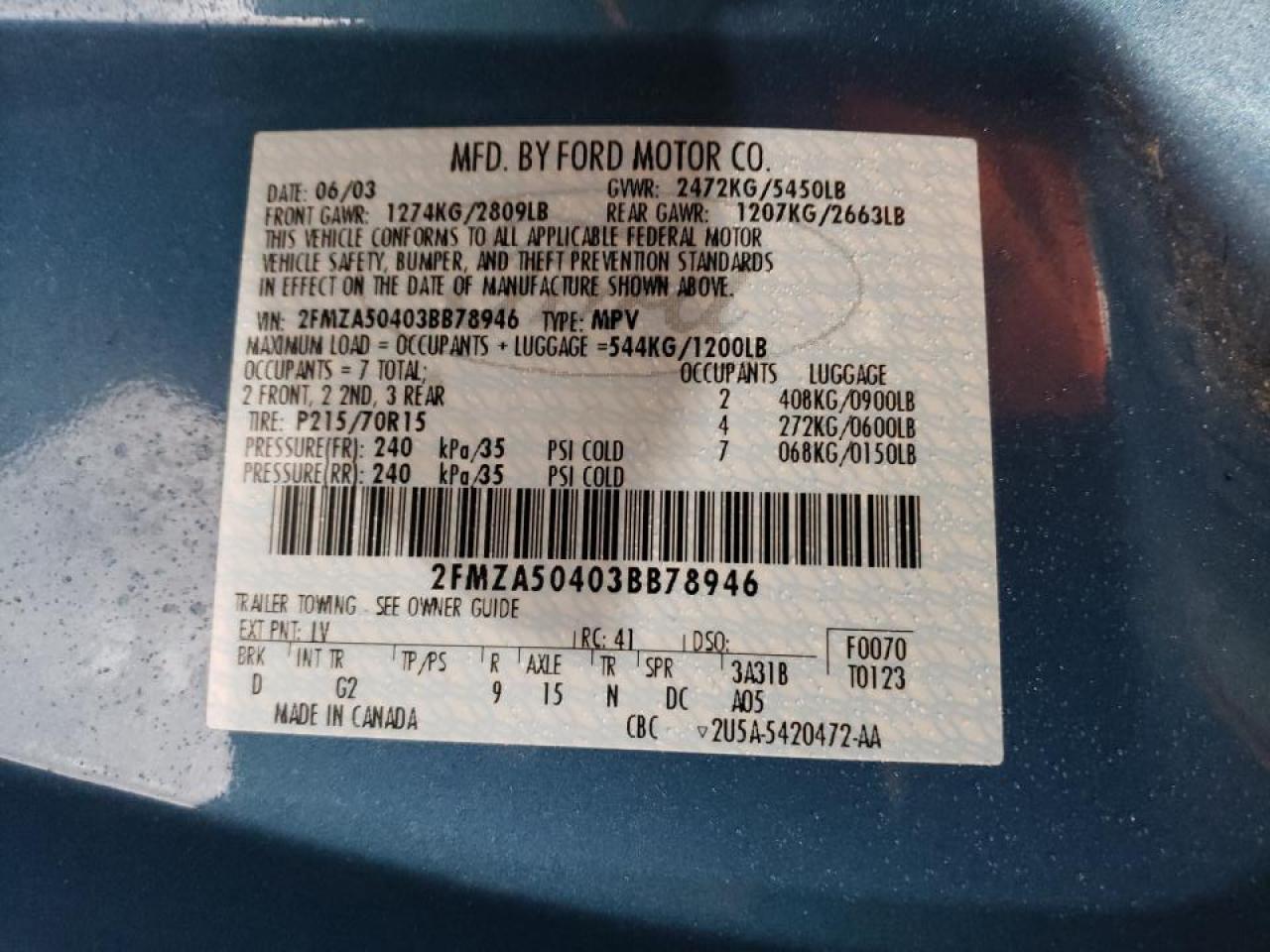 Photo 10 from auction – 2003 FORD WINDSTAR W with VIN 2FMZA50403BB78946