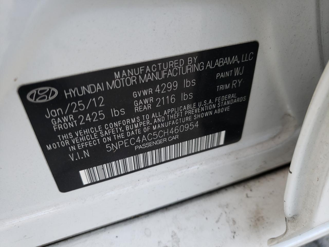 Photo 10 from auction – 2012 HYUNDAI SONATA SE with VIN 5NPEC4AC5CH460954