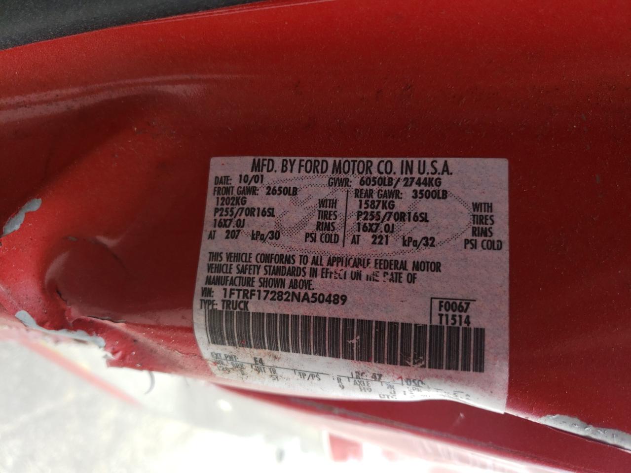 Photo 10 from auction – 2002 FORD F150 with VIN 1FTRF17282NA50489