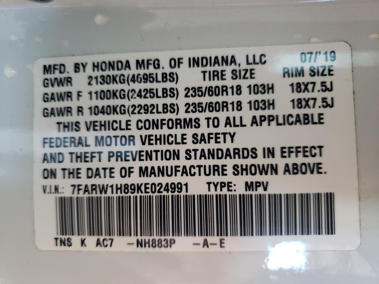 Photo 10 from auction – 2019 HONDA CR-V EXL with VIN 7FARW1H89KE024991