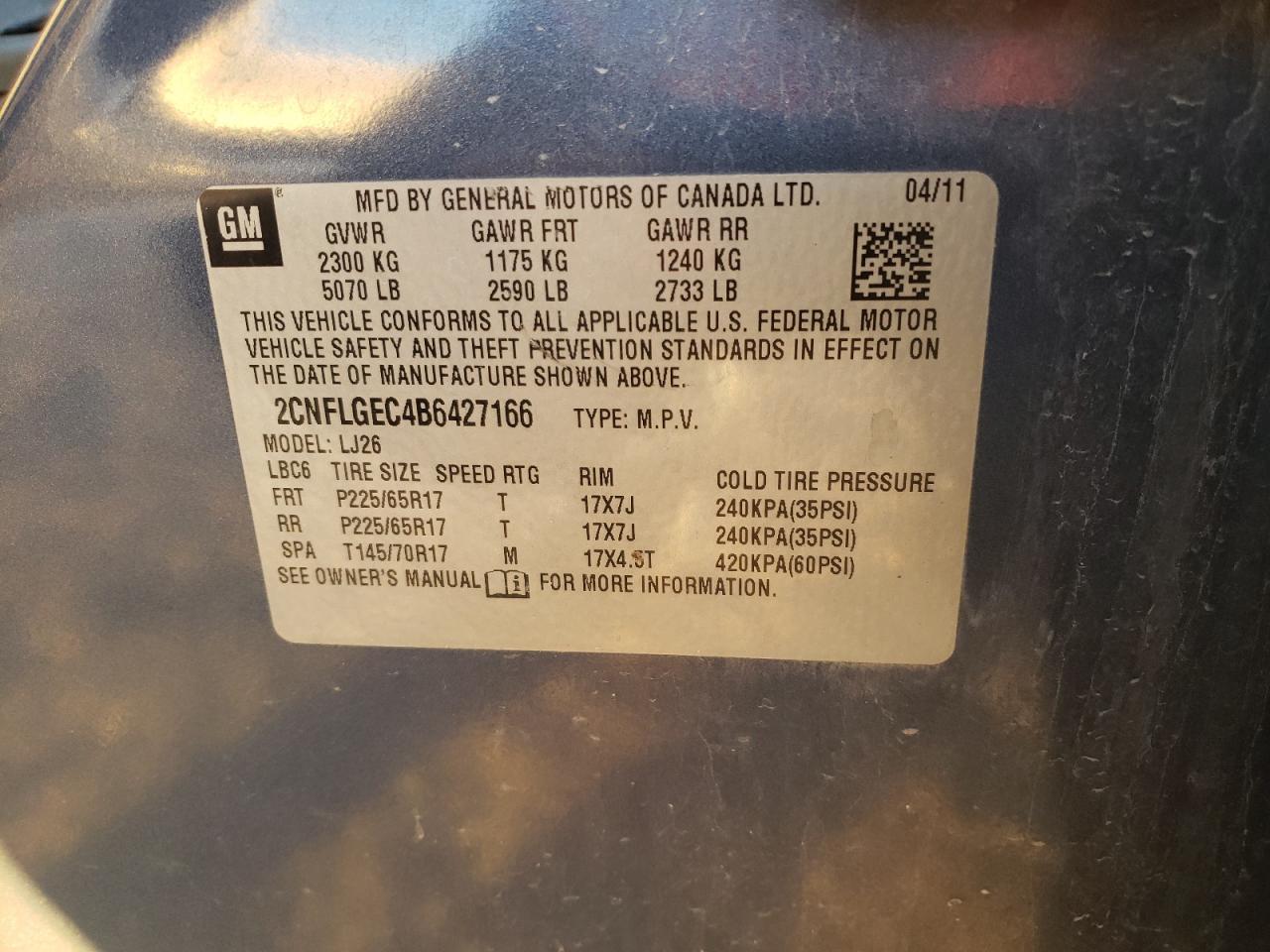 Photo 10 from auction – 2011 CHEVROLET EQUINOX LT with VIN 2CNFLGEC4B6427166