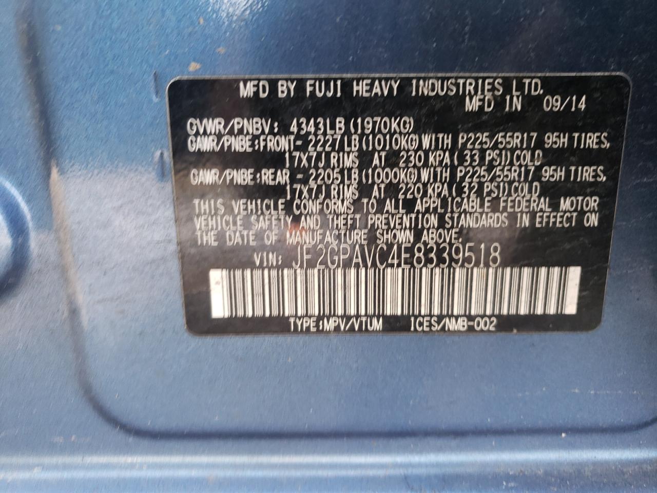 Photo 10 from auction – 2014 SUBARU XV CROSSTR with VIN JF2GPAVC4E8339518
