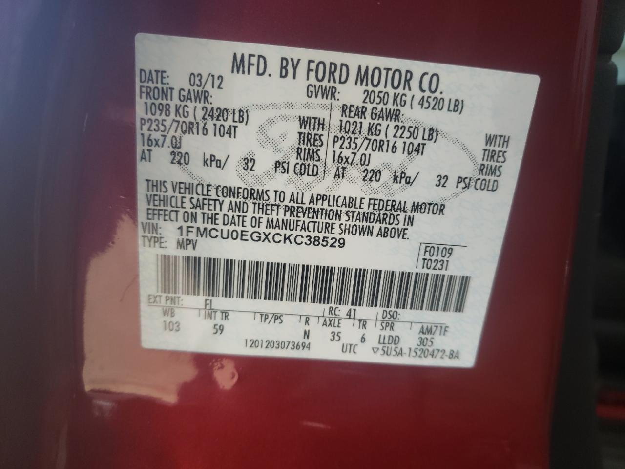Photo 10 from auction – 2012 FORD ESCAPE LIM with VIN 1FMCU0EGXCKC38529