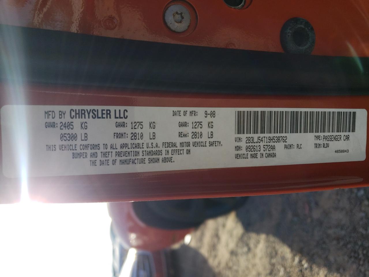 Photo 10 from auction – 2009 DODGE CHALLENGER with VIN 2B3LJ54T19H538762
