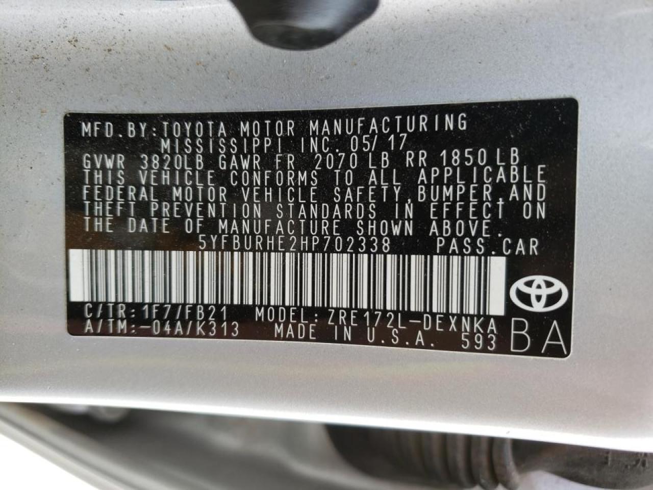 Photo 10 from auction – 2017 TOYOTA COROLLA L with VIN 5YFBURHE2HP702338