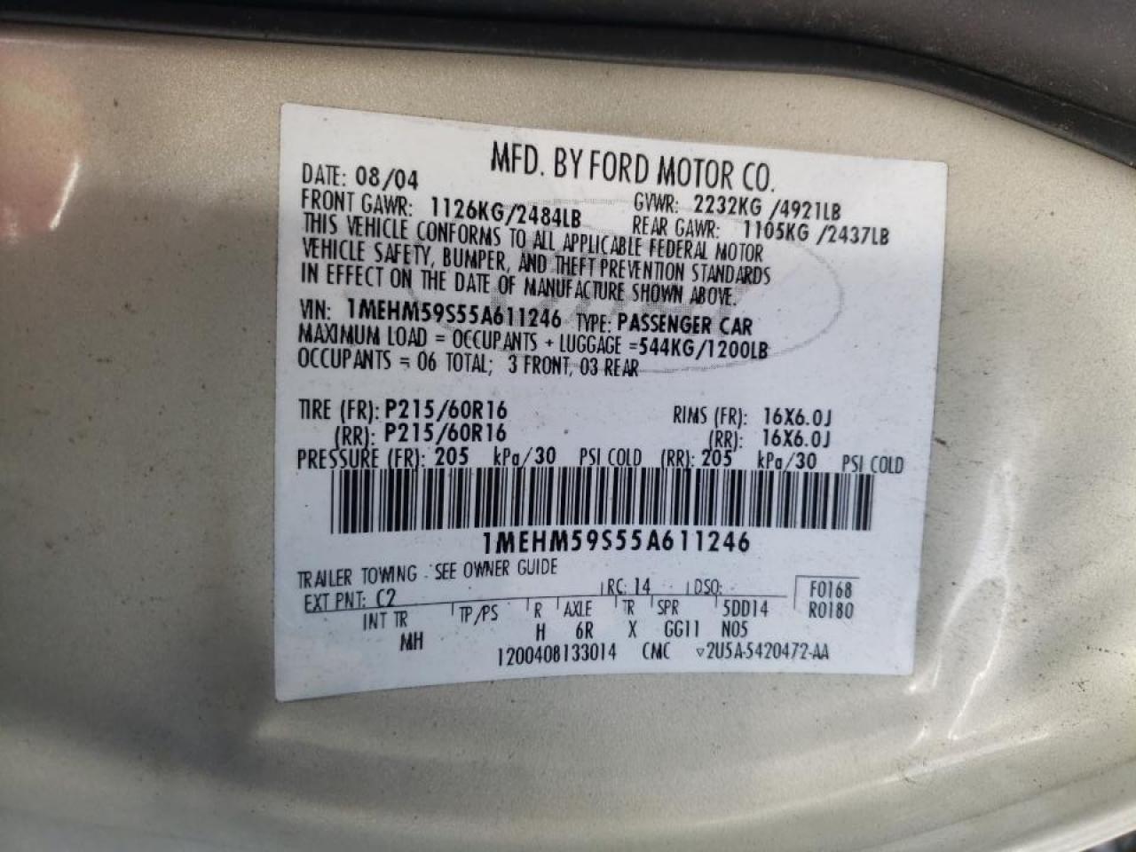 Photo 10 from auction – 2005 MERCURY SABLE LS P with VIN 1MEHM59S55A611246