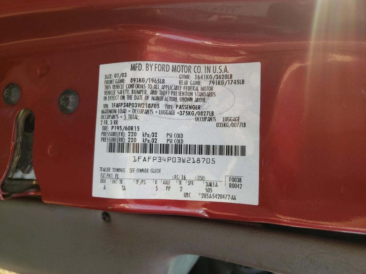Photo 10 from auction – 2003 FORD FOCUS SE with VIN 1FAFP34P03W218705