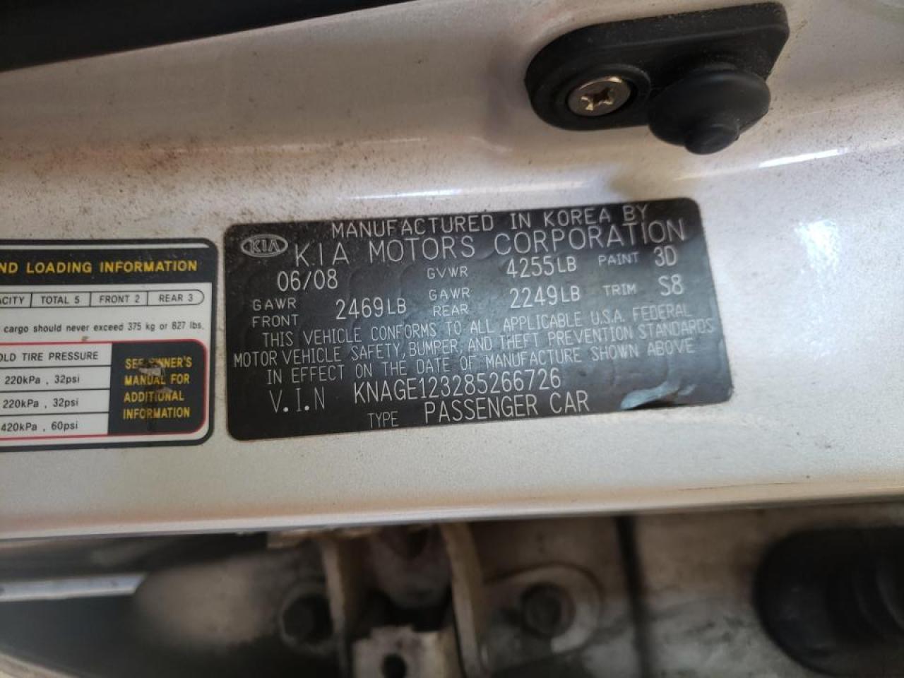 Photo 10 from auction – 2008 KIA OPTIMA LX with VIN KNAGE123285266726