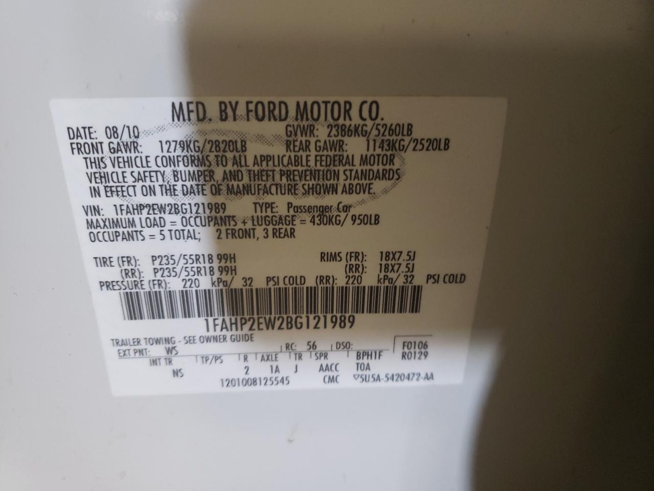 Photo 10 from auction – 2011 FORD TAURUS SEL with VIN 1FAHP2EW2BG121989
