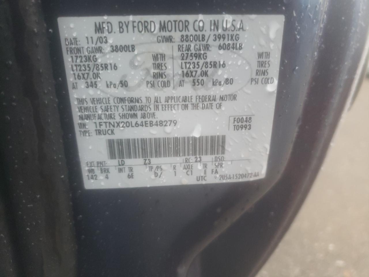 Photo 10 from auction – 2004 FORD F250 SUPER with VIN 1FTNX20L64EB48279