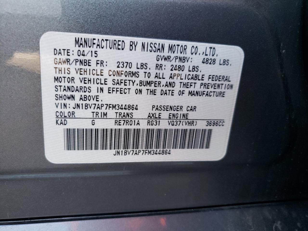 Photo 10 from auction – 2015 INFINITI Q50 BASE with VIN JN1BV7AP7FM344864