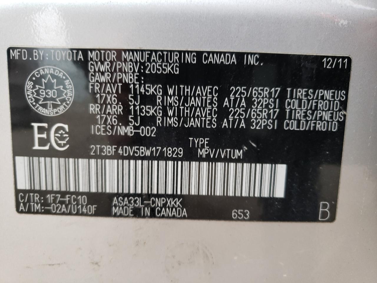 Photo 10 from auction – 2011 TOYOTA RAV4 with VIN 2T3BF4DV5BW171829
