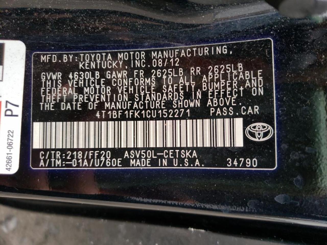 Photo 10 from auction – 2012 TOYOTA CAMRY BASE with VIN 4T1BF1FK1CU152271