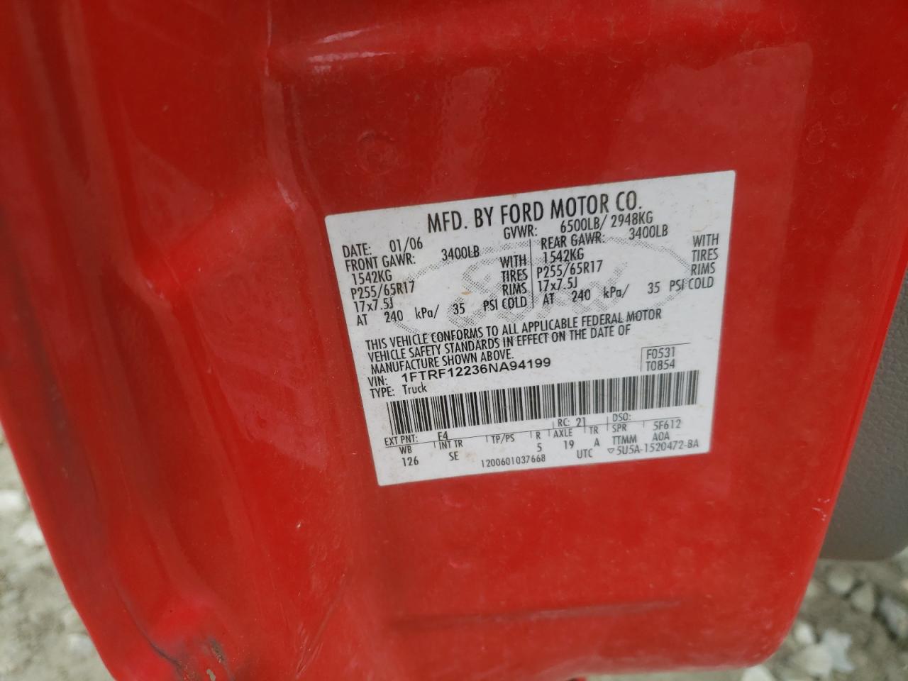 Photo 10 from auction – 2006 FORD F150 with VIN 1FTRF12236NA94199