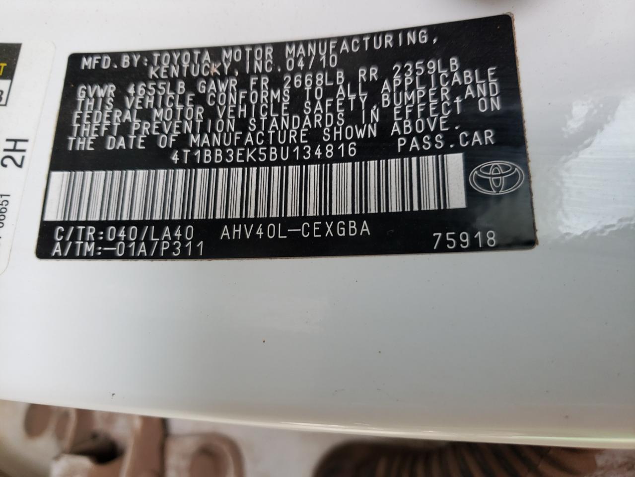 Photo 10 from auction – 2011 TOYOTA CAMRY HYBR with VIN 4T1BB3EK5BU134816