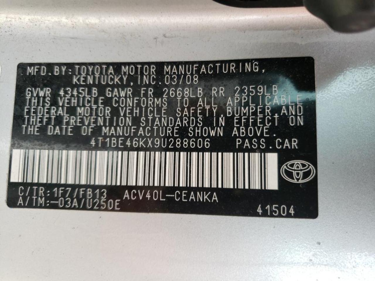 Photo 10 from auction – 2009 TOYOTA CAMRY BASE with VIN 4T1BE46KX9U288606