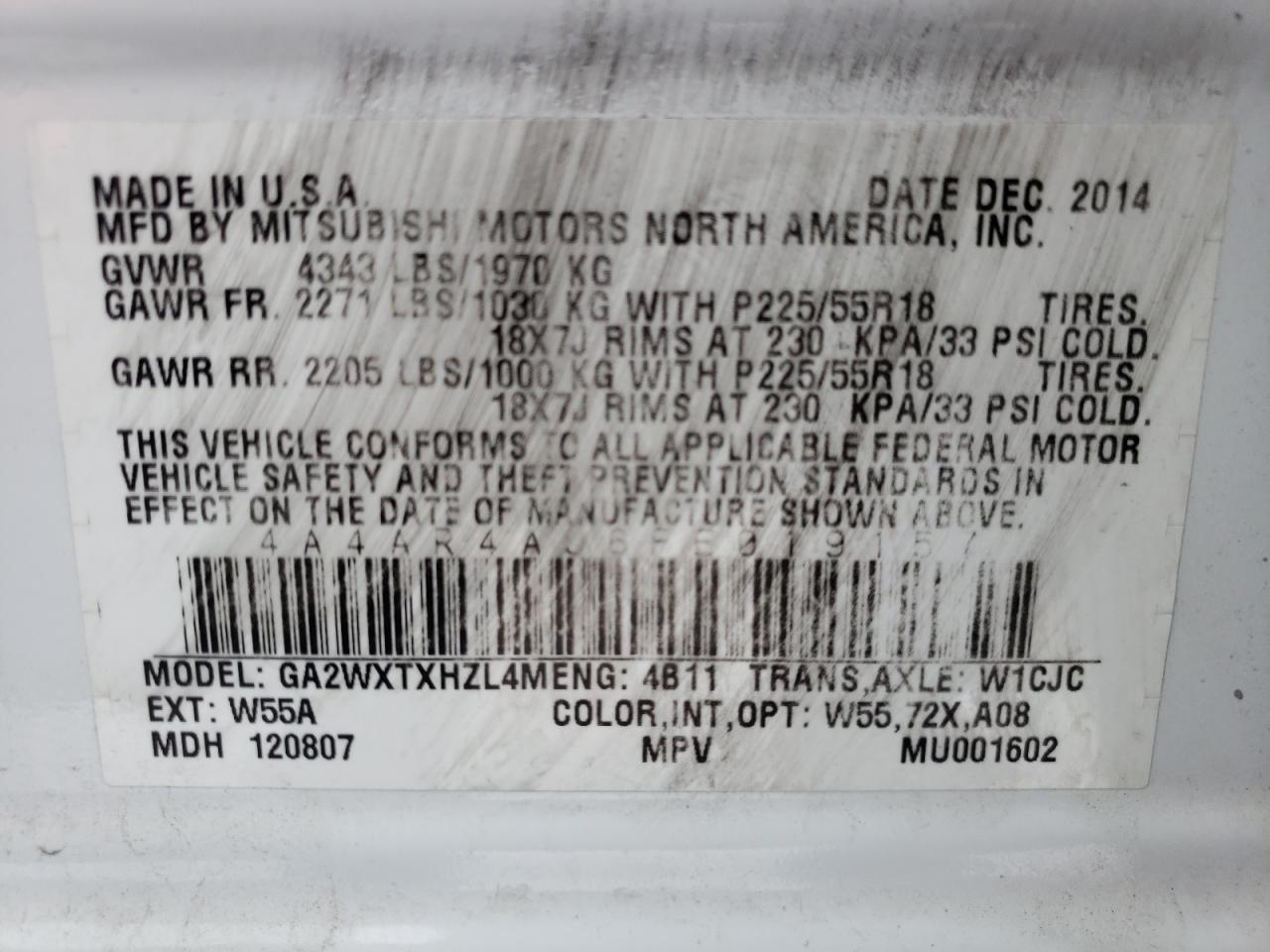 Photo 10 from auction – 2015 MITSUBISHI OUTLANDER with VIN 4A4AR4AU6FE019157