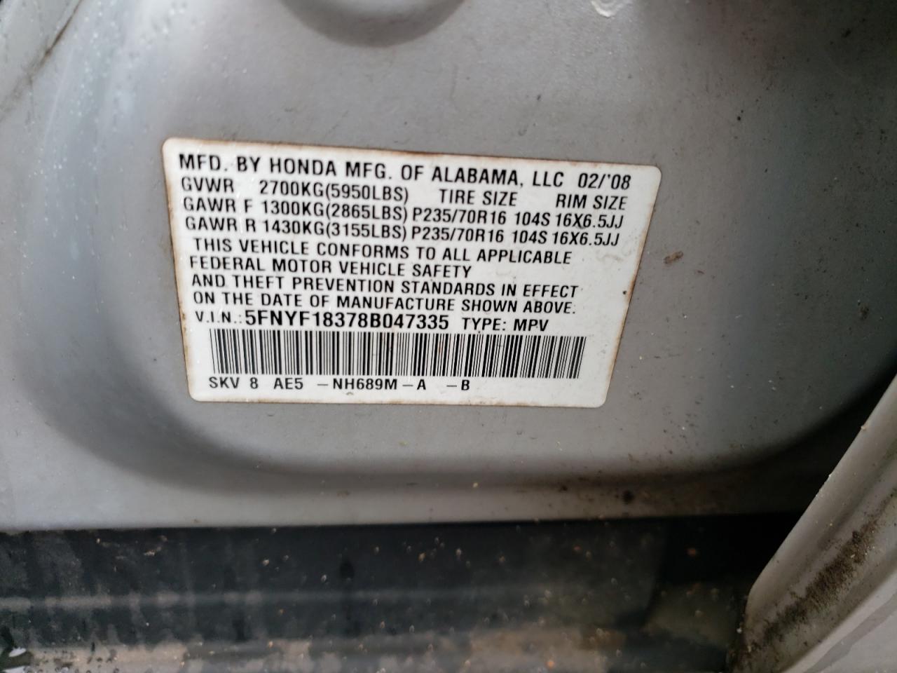 Photo 10 from auction – 2008 HONDA PILOT SE with VIN 5FNYF18378B047335