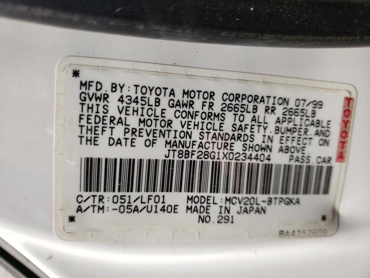 Photo 10 from auction – 1999 LEXUS ES 300 with VIN JT8BF28G1X0234404