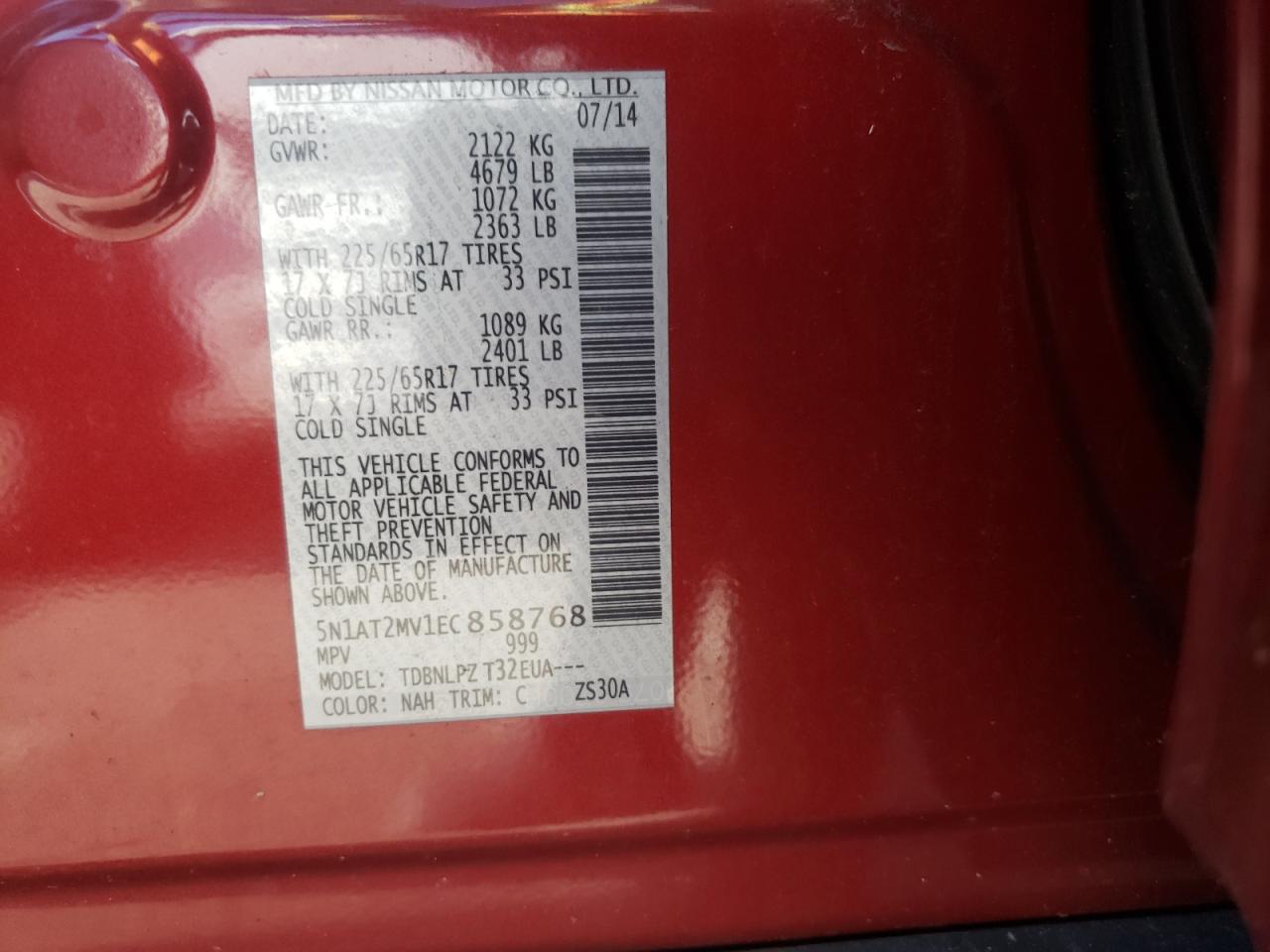 Photo 10 from auction – 2014 NISSAN ROGUE S with VIN 5N1AT2MV1EC858768