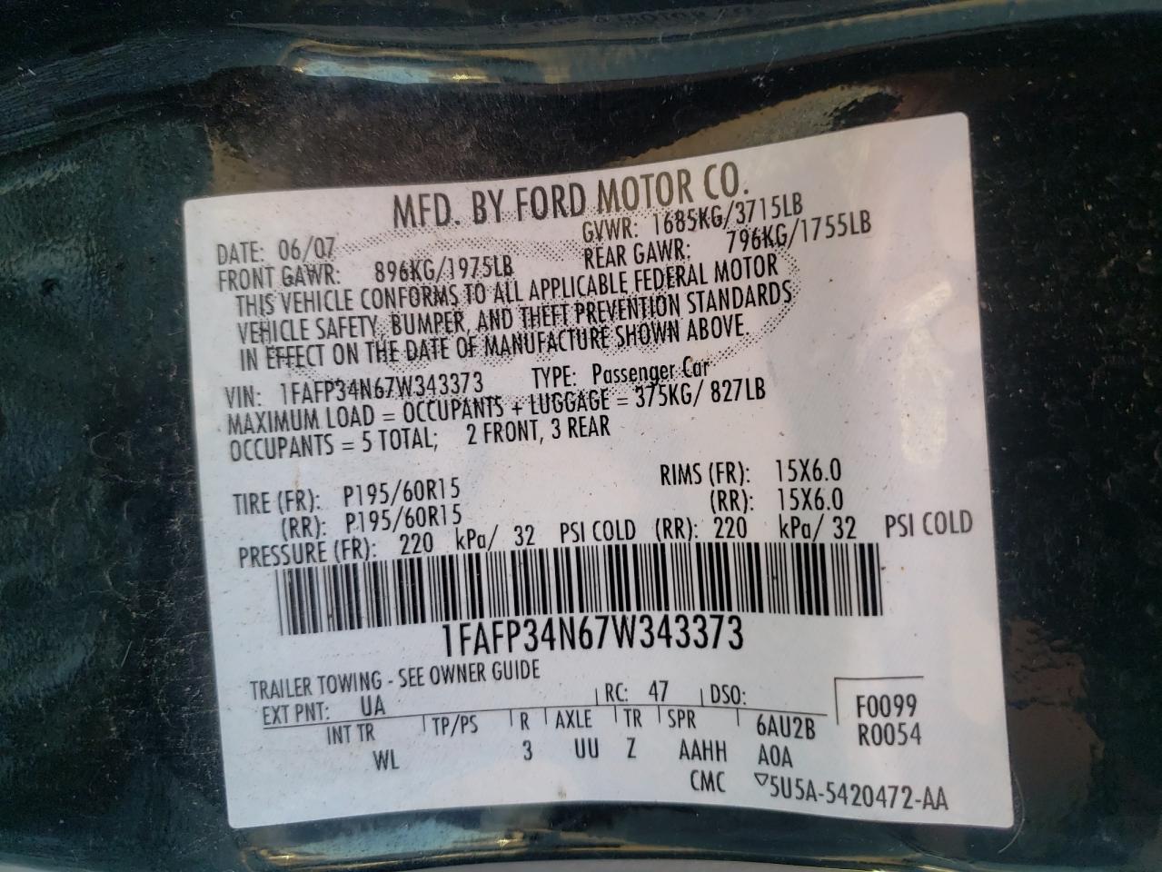 Photo 10 from auction – 2007 FORD FOCUS ZX4 with VIN 1FAFP34N67W343373