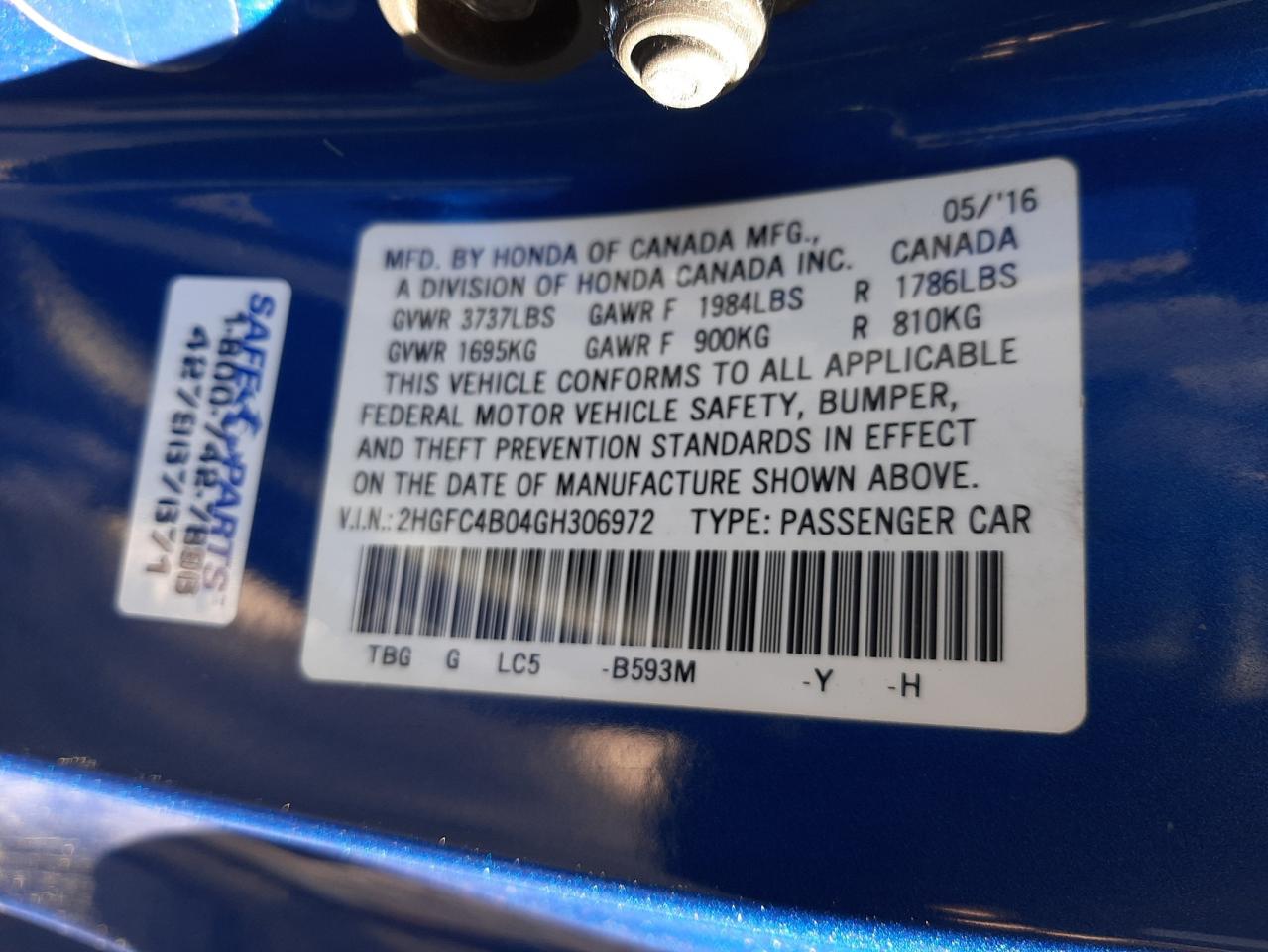 Photo 10 from auction – 2016 HONDA CIVIC LX with VIN 2HGFC4B04GH306972