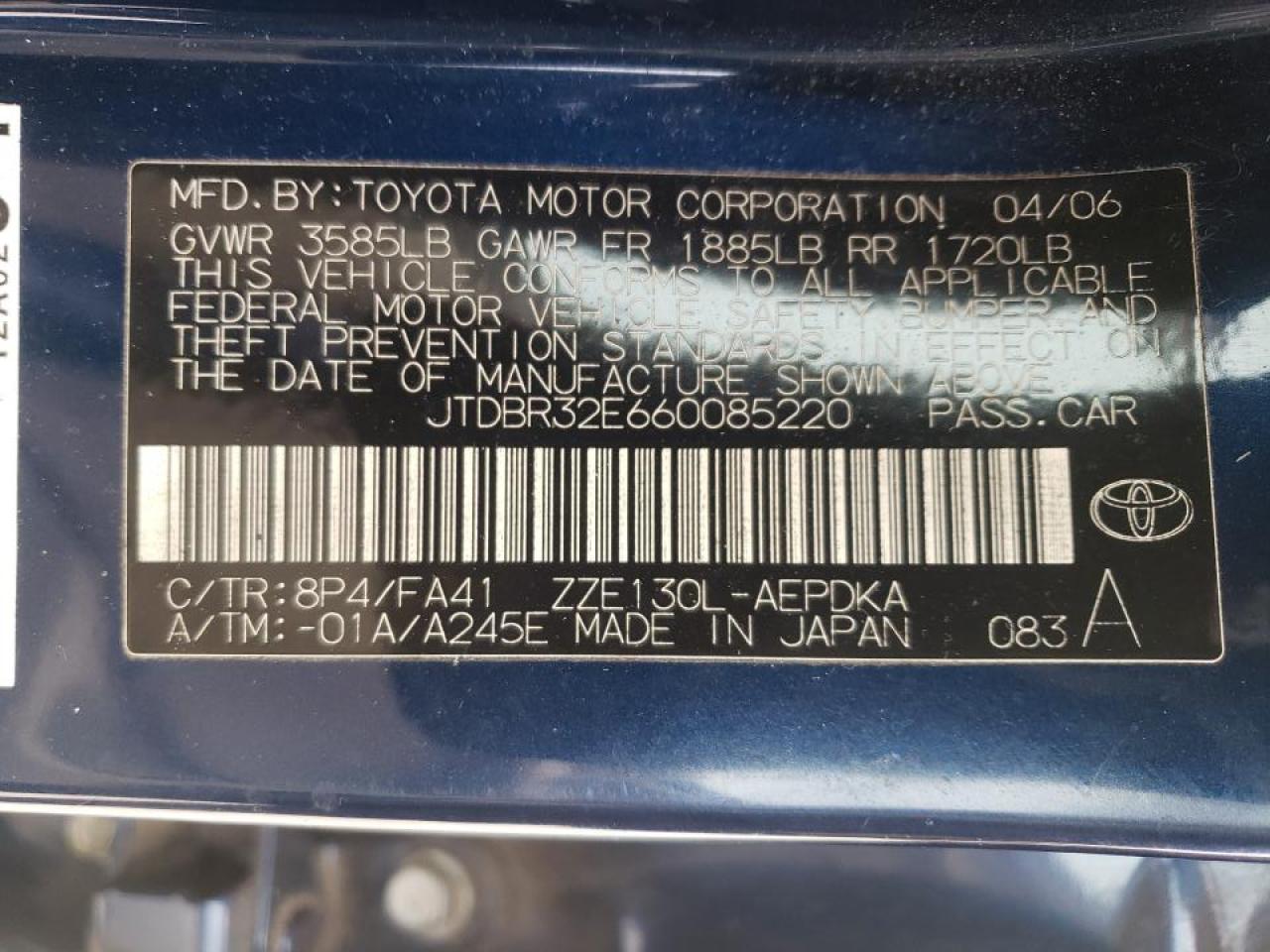 Photo 10 from auction – 2006 TOYOTA COROLLA CE with VIN JTDBR32E660085220