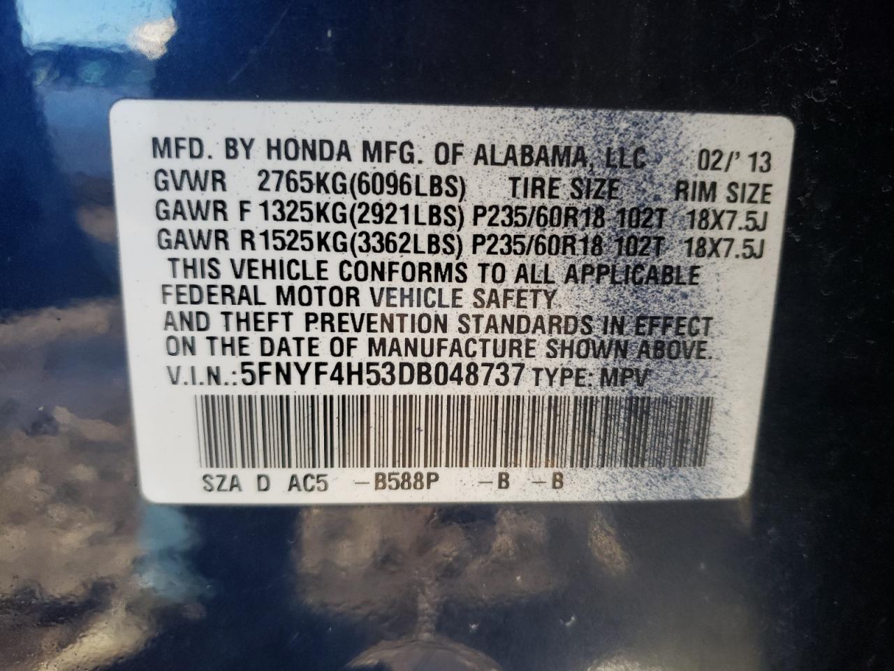 Photo 10 from auction – 2013 HONDA PILOT EXL with VIN 5FNYF4H53DB048737