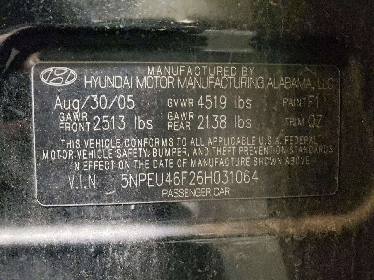 Photo 10 from auction – 2006 HYUNDAI SONATA GLS with VIN 5NPEU46F26H031064