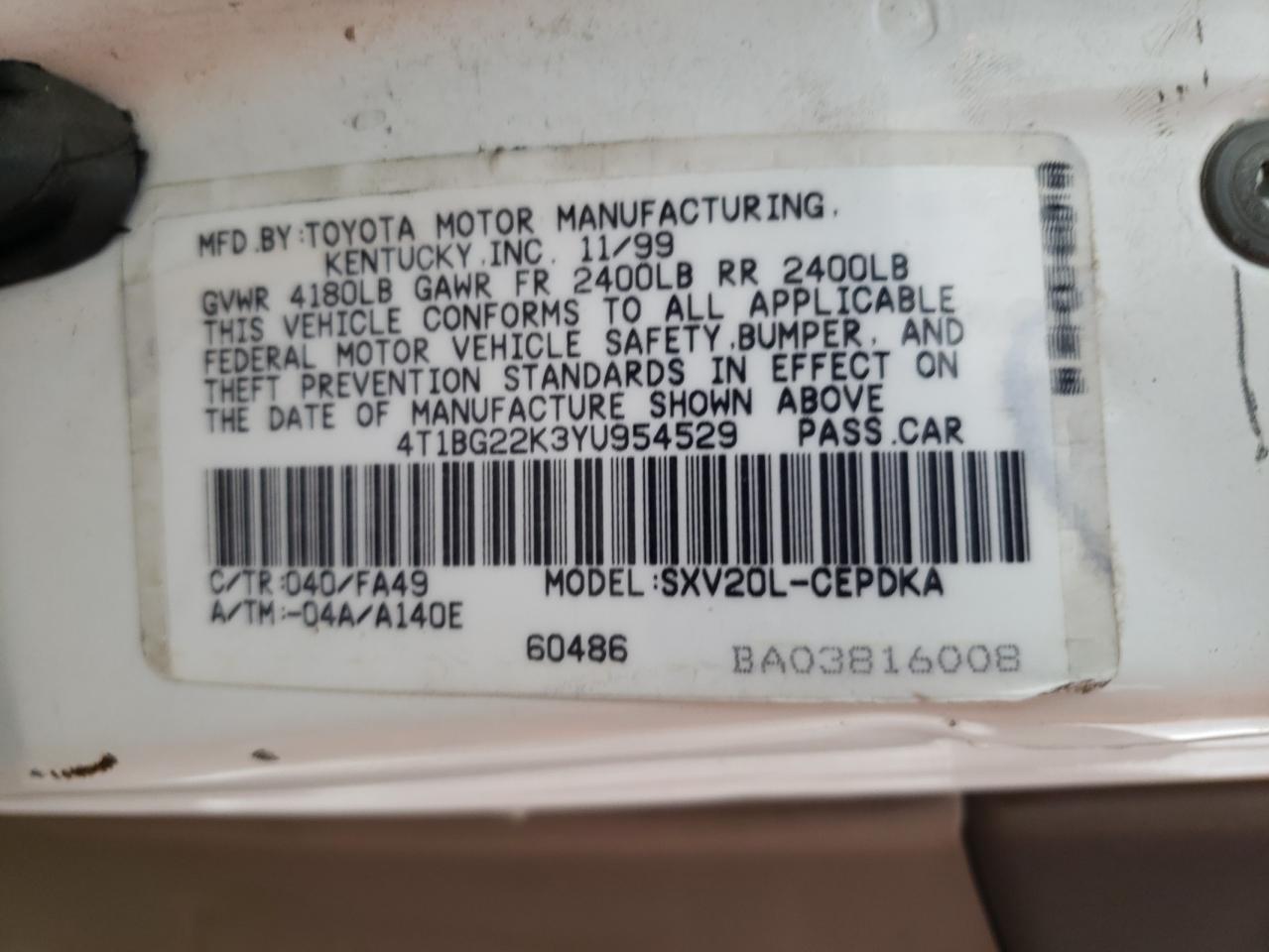 Photo 10 from auction – 2000 TOYOTA CAMRY CE with VIN 4T1BG22K3YU954529