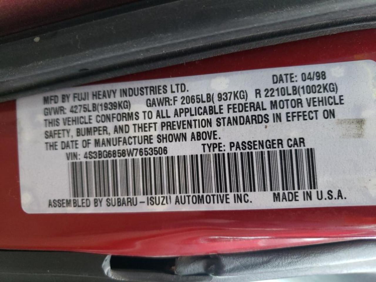 Photo 10 from auction – 1998 SUBARU LEGACY 30T with VIN 4S3BG6858W7653506