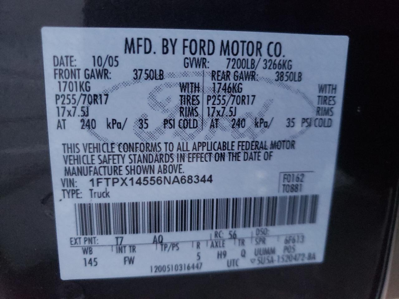 Photo 10 from auction – 2006 FORD F150 with VIN 1FTPX14556NA68344