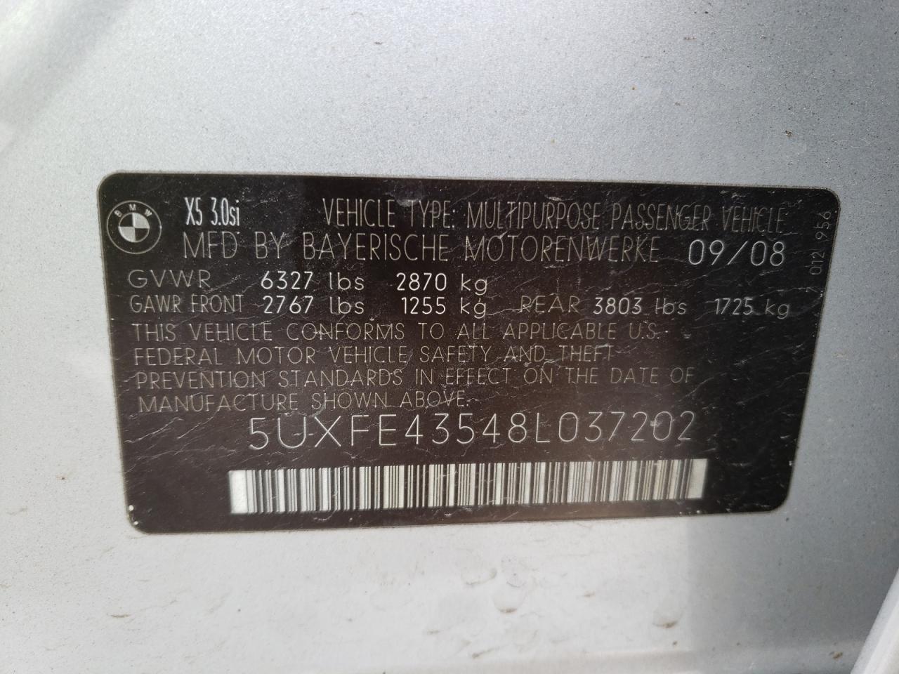 Photo 10 from auction – 2008 BMW X5 3.0I with VIN 5UXFE43548L037202