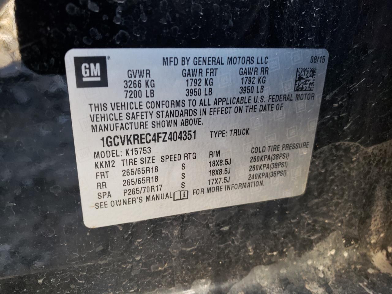 Photo 10 from auction – 2015 CHEVROLET SILVERADO with VIN 1GCVKREC4FZ404351