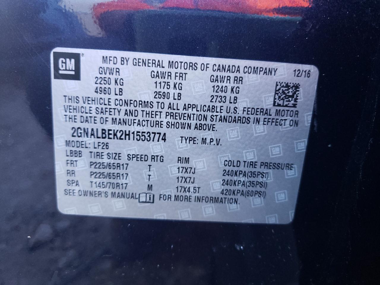 Photo 10 from auction – 2017 CHEVROLET EQUINOX LS with VIN 2GNALBEK2H1553774