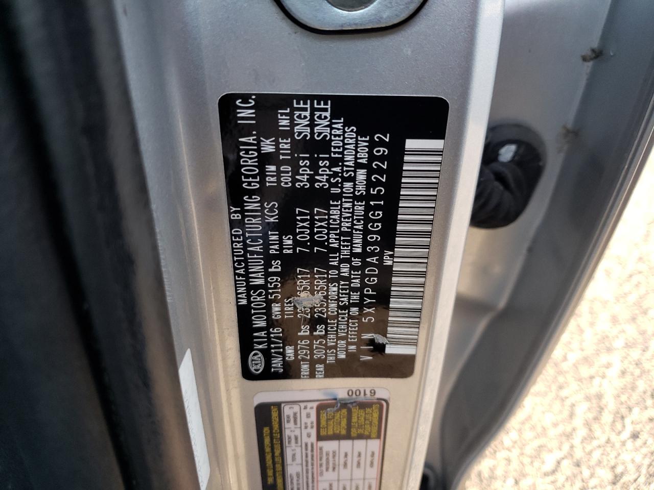 Photo 10 from auction – 2016 KIA SORENTO LX with VIN 5XYPGDA39GG152292