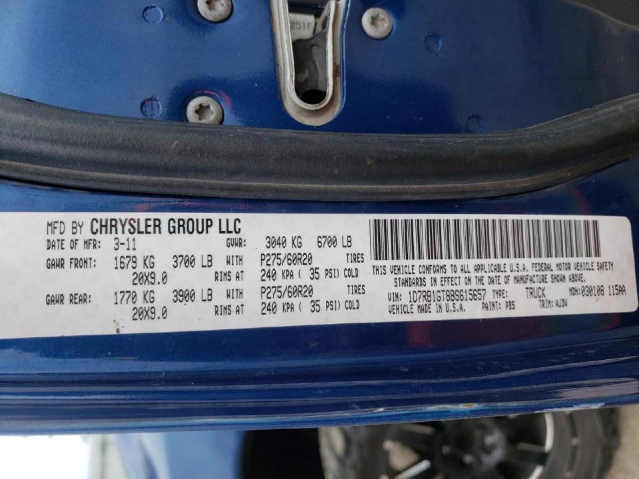 Photo 10 from auction – 2011 DODGE RAM 1500 with VIN 1D7RB1GT8BS615657