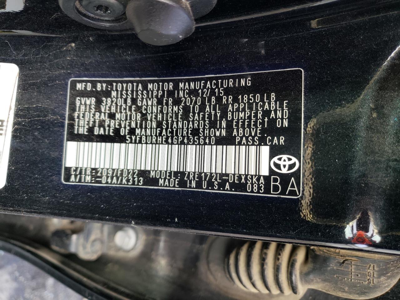 Photo 10 from auction – 2016 TOYOTA COROLLA L with VIN 5YFBURHE4GP435640